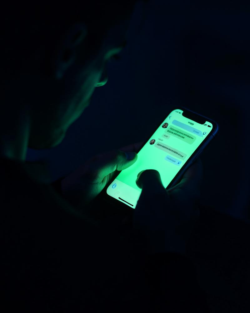 Personne qui écrit un message sur son téléphone la nuit