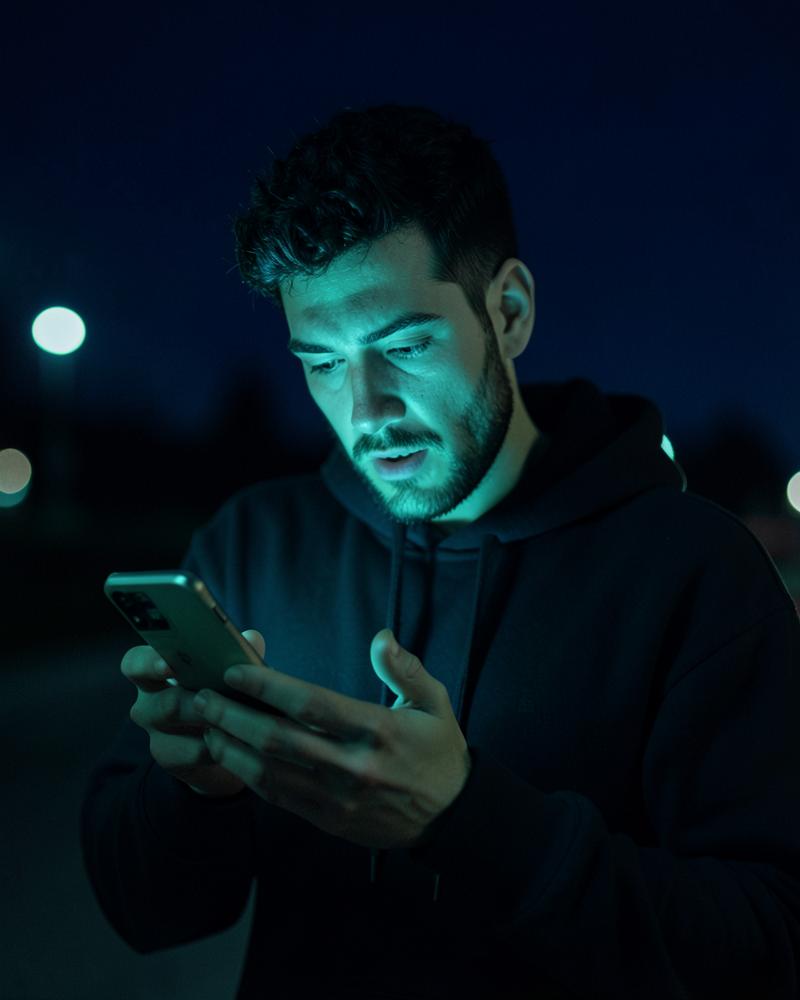 Homme qui consulte une conversation sur son téléphone