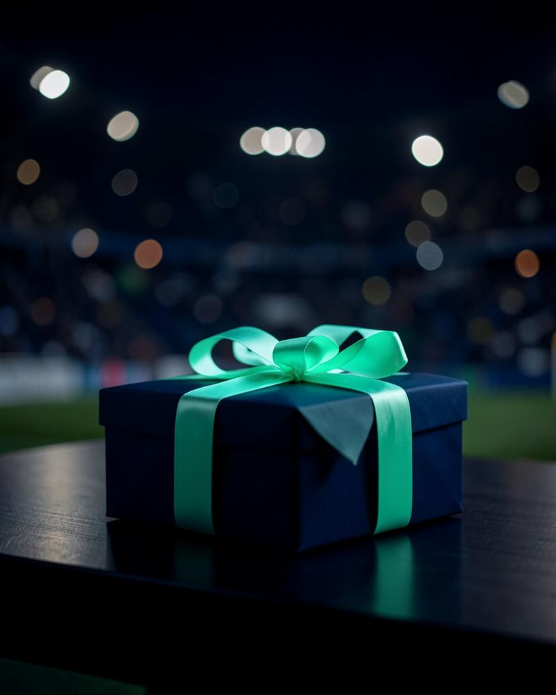 Cadeau avec ruban vert menthe devant un stade